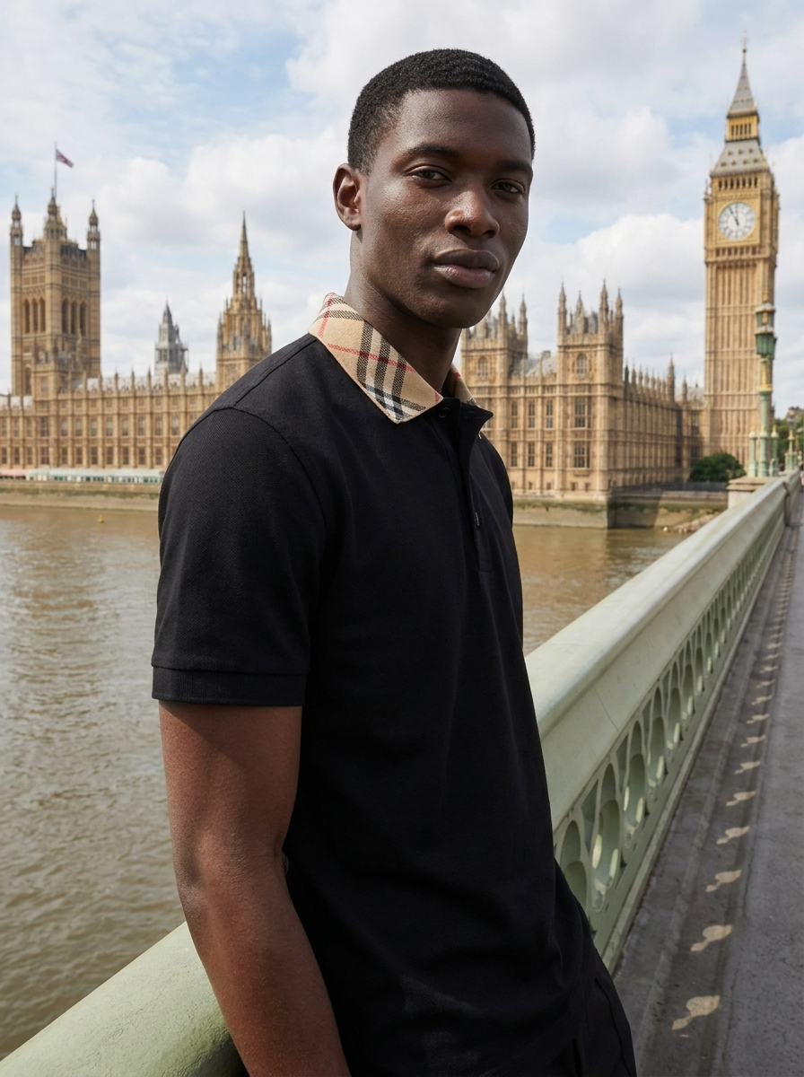 BBR Check Collar Cotton Polo T-Shirt - Black View 3