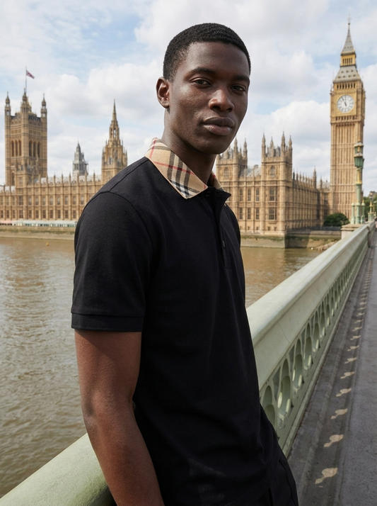 BBR Check Collar Cotton Polo T-Shirt - Black View 3