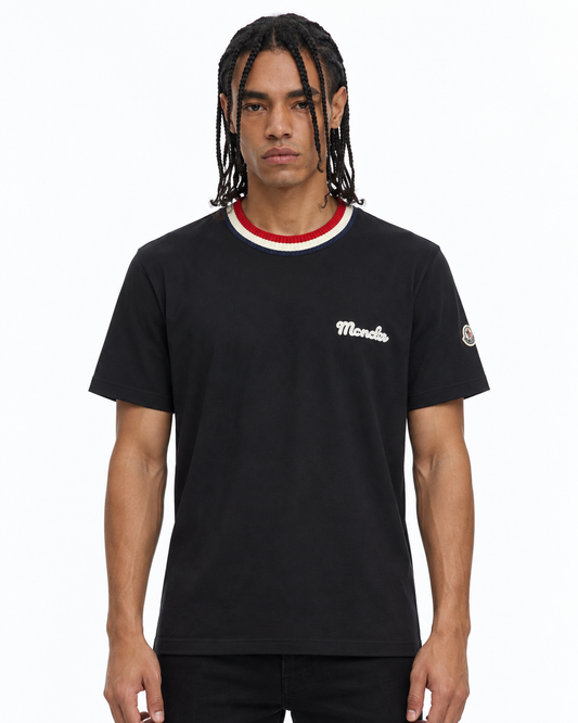 MNCLR Striped Stretch-Knit Trimmed Logo-Appliquéd Cotton-Jersey T-Shirt - Black