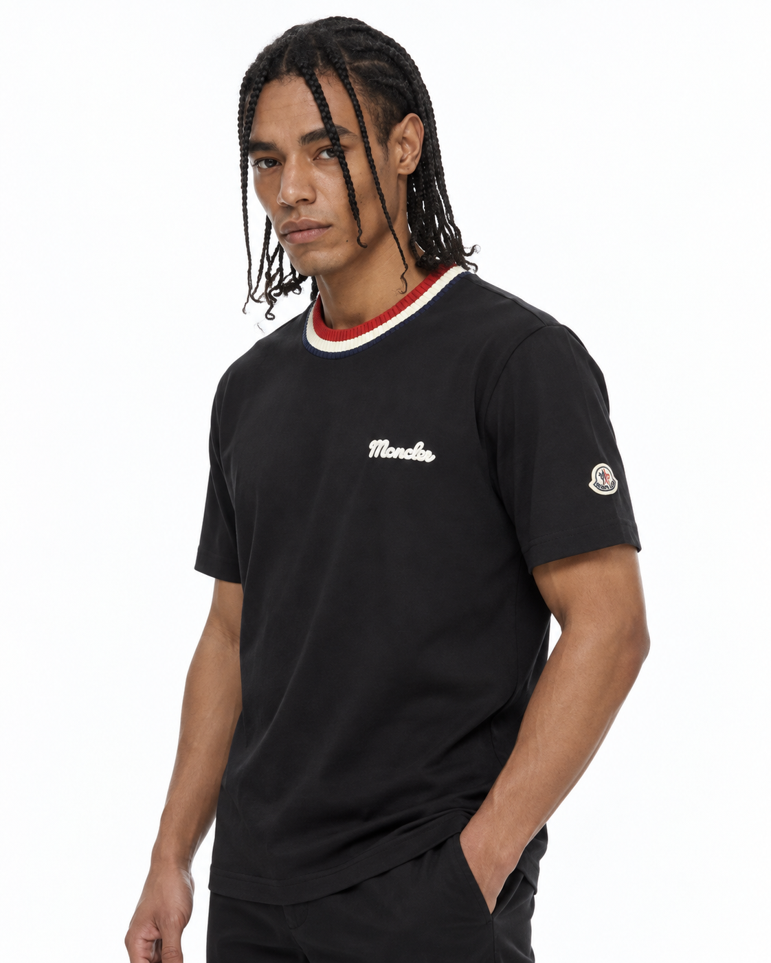 MNCLR Striped Stretch-Knit Trimmed Logo-Appliquéd Cotton-Jersey T-Shirt - Black