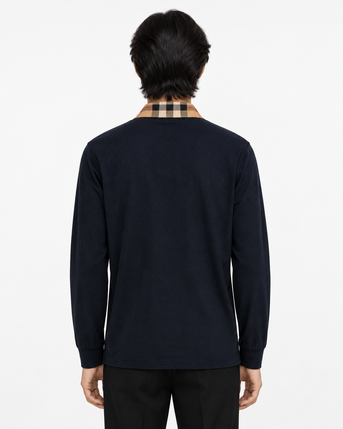 BBR Long Sleeve Check Collar Cotton Polo Shirt - Navy