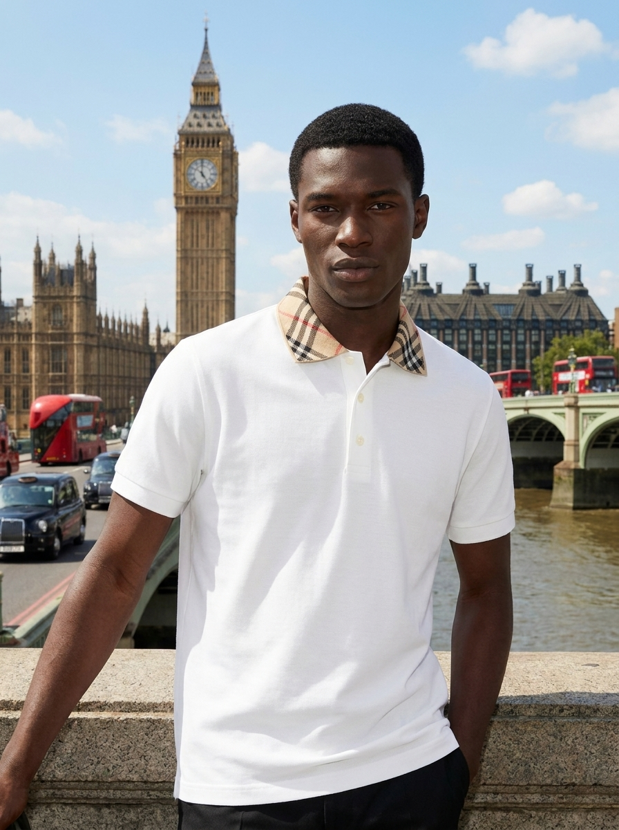 BBR Check Collar Cotton Polo T-Shirt - White View 1