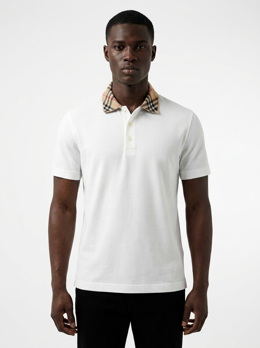 BBR Check Collar Cotton Polo T-Shirt - White View 2