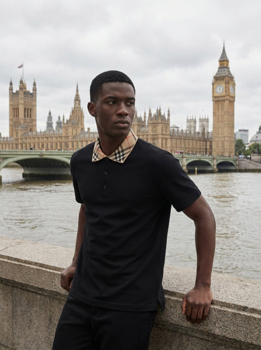 BBR Check Collar Cotton Polo T-Shirt - Black View 1
