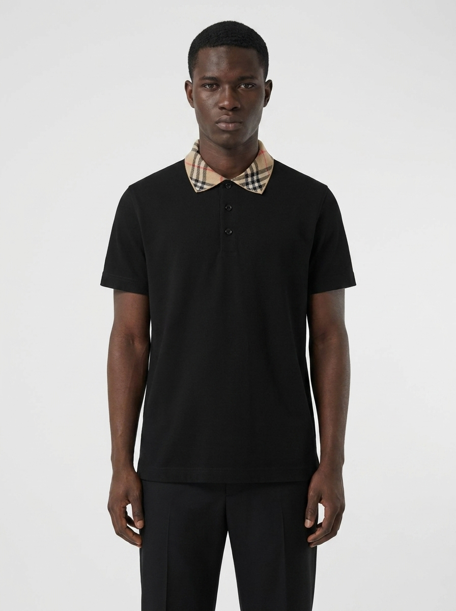 BBR Check Collar Cotton Polo T-Shirt - Black View 2