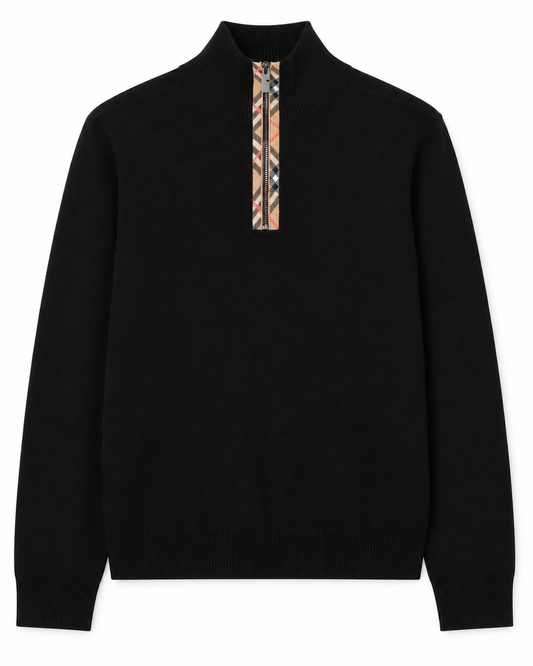 BBR Check Trim Wool Half-Zip Sweater - Black