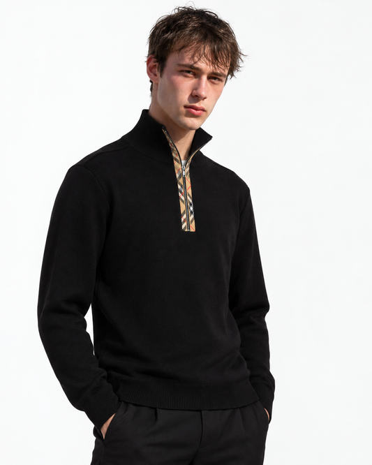 BBR Check Trim Wool Half-Zip Sweater - Black