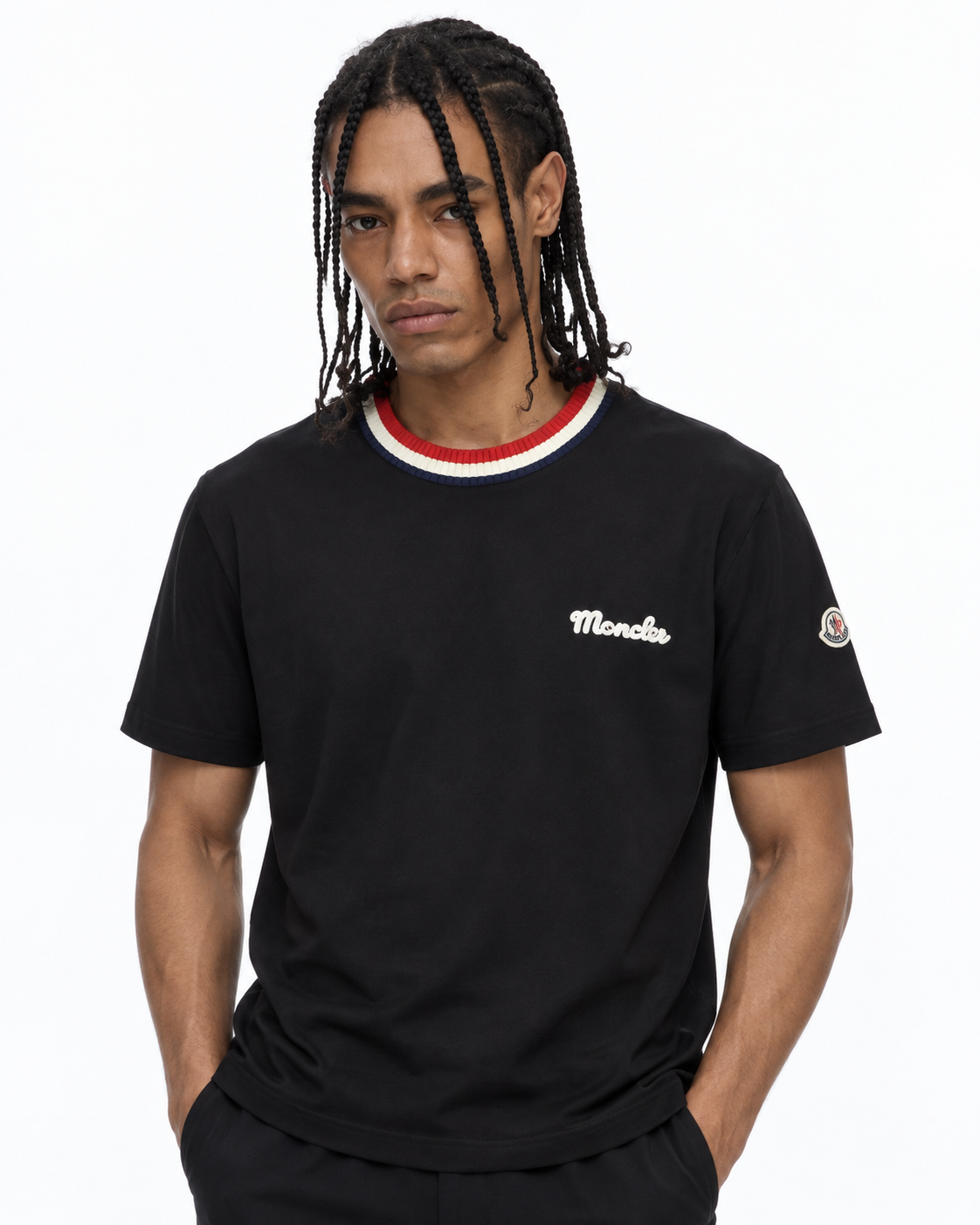 MNCLR Striped Stretch-Knit Trimmed Logo-Appliquéd Cotton-Jersey T-Shirt - Black