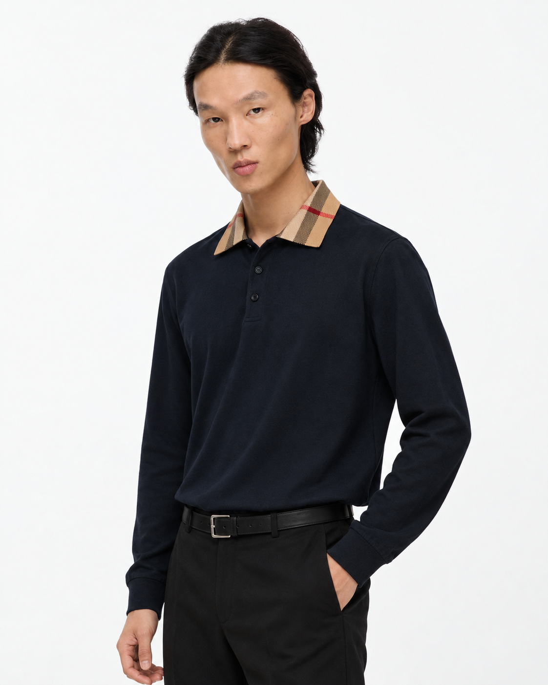 BBR Long Sleeve Check Collar Cotton Polo Shirt - Navy