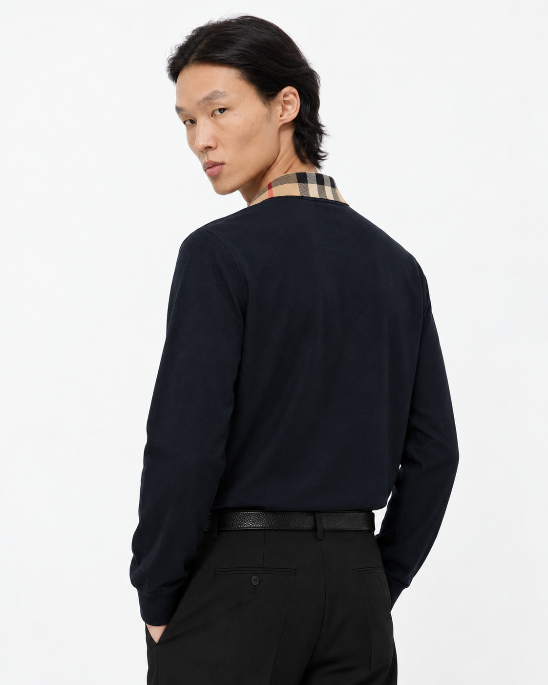 BBR Long Sleeve Check Collar Cotton Polo Shirt - Navy