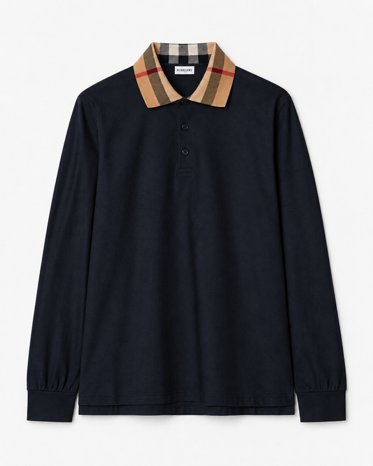BBR Long Sleeve Check Collar Cotton Polo Shirt - Navy