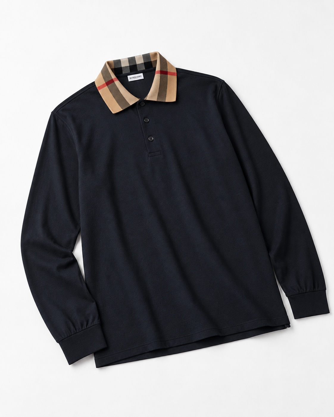 BBR Long Sleeve Check Collar Cotton Polo Shirt - Navy