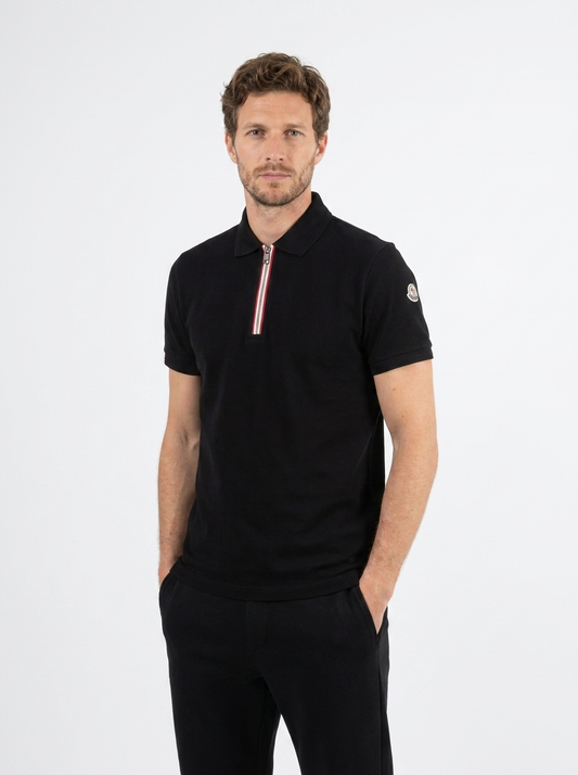 MNCLR Tricolour Trim Cotton Piquet Polo T-Shirt - Black