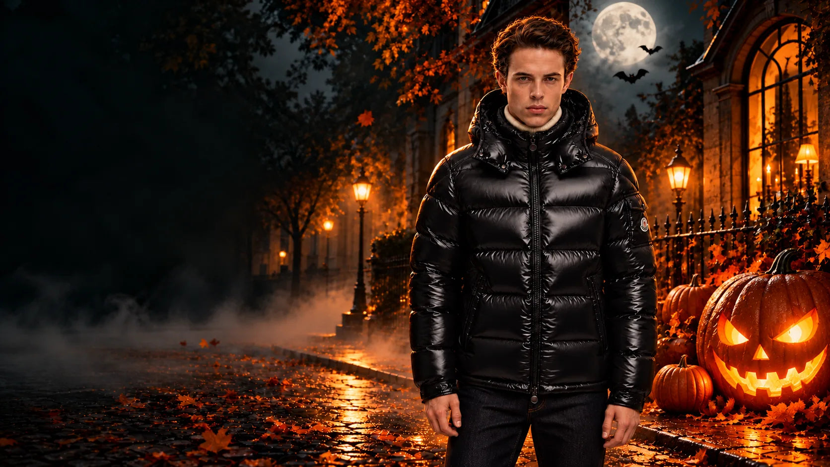 Black puffer jacket styled for a moonlit Halloween evening with glowing pumpkins.