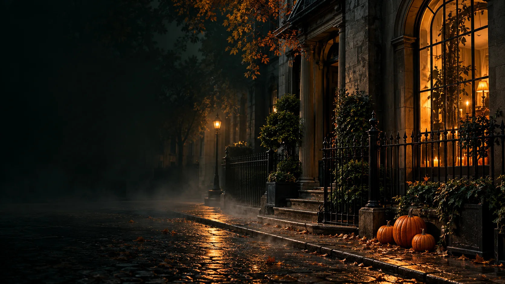 A Halloween street scene with pumpkins and amber light.